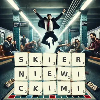 Kreatywna ilustracja do gry w Scrabble ze słowem SKIERNIEWICKIMI ułożonym z płytek na planszy.