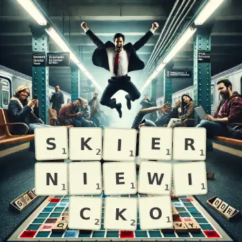 Kreatywna ilustracja do gry w Scrabble ze słowem SKIERNIEWICKO ułożonym z płytek na planszy.