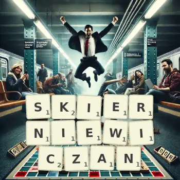 Kreatywna ilustracja do gry w Scrabble ze słowem SKIERNIEWICZAN ułożonym z płytek na planszy.