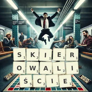Kreatywna ilustracja do gry w Scrabble ze słowem SKIEROWALIŚCIE ułożonym z płytek na planszy.