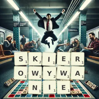 Kreatywna ilustracja do gry w Scrabble ze słowem SKIEROWYWANIE ułożonym z płytek na planszy.