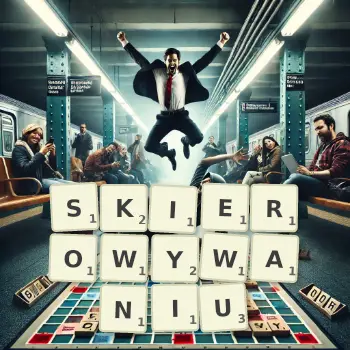 Kreatywna ilustracja do gry w Scrabble ze słowem SKIEROWYWANIU ułożonym z płytek na planszy.