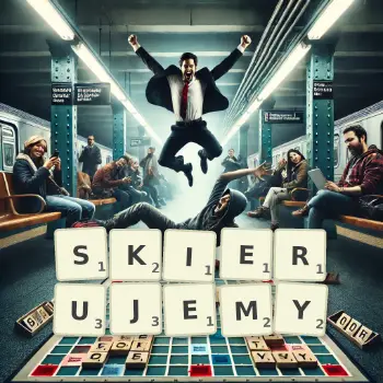 Kreatywna ilustracja do gry w Scrabble ze słowem SKIERUJEMY ułożonym z płytek na planszy.