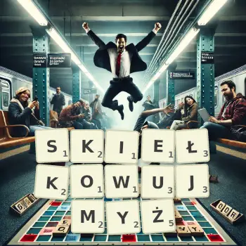 Kreatywna ilustracja do gry w Scrabble ze słowem SKIEŁKOWUJMYŻ ułożonym z płytek na planszy.