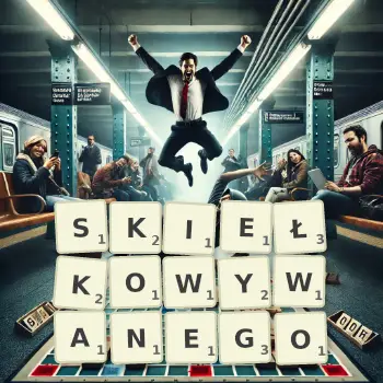 Kreatywna ilustracja do gry w Scrabble ze słowem SKIEŁKOWYWANEGO ułożonym z płytek na planszy.