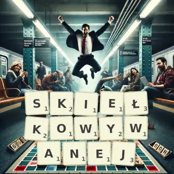 Kreatywna ilustracja do gry w Scrabble ze słowem SKIEŁKOWYWANEJ ułożonym z płytek na planszy.