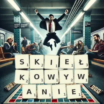 Kreatywna ilustracja do gry w Scrabble ze słowem SKIEŁKOWYWANIE ułożonym z płytek na planszy.