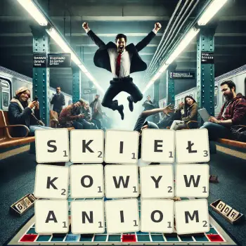 Kreatywna ilustracja do gry w Scrabble ze słowem SKIEŁKOWYWANIOM ułożonym z płytek na planszy.