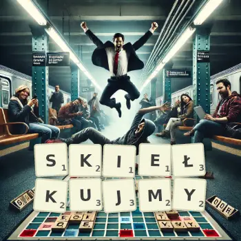 Kreatywna ilustracja do gry w Scrabble ze słowem SKIEŁKUJMY ułożonym z płytek na planszy.