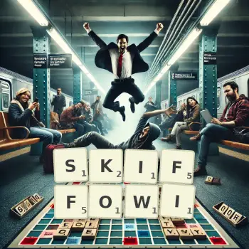 Kreatywna ilustracja do gry w Scrabble ze słowem SKIFFOWI ułożonym z płytek na planszy.