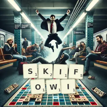 Kreatywna ilustracja do gry w Scrabble ze słowem SKIFOWI ułożonym z płytek na planszy.