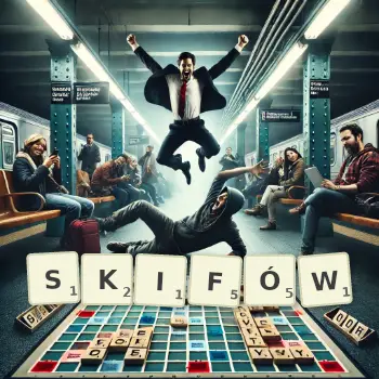 Kreatywna ilustracja do gry w Scrabble ze słowem SKIFÓW ułożonym z płytek na planszy.
