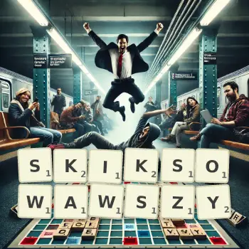 Kreatywna ilustracja do gry w Scrabble ze słowem SKIKSOWAWSZY ułożonym z płytek na planszy.