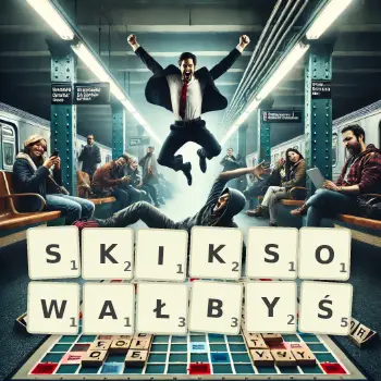 Kreatywna ilustracja do gry w Scrabble ze słowem SKIKSOWAŁBYŚ ułożonym z płytek na planszy.
