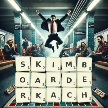 Kreatywna ilustracja do gry w Scrabble ze słowem SKIMBOARDERKACH ułożonym z płytek na planszy.