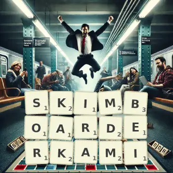 Kreatywna ilustracja do gry w Scrabble ze słowem SKIMBOARDERKAMI ułożonym z płytek na planszy.