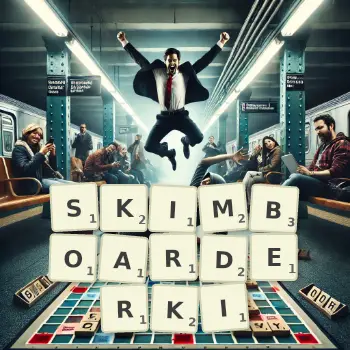 Kreatywna ilustracja do gry w Scrabble ze słowem SKIMBOARDERKI ułożonym z płytek na planszy.