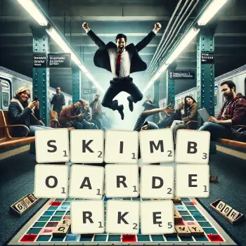 Kreatywna ilustracja do gry w Scrabble ze słowem SKIMBOARDERKĘ ułożonym z płytek na planszy.