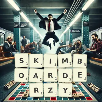 Kreatywna ilustracja do gry w Scrabble ze słowem SKIMBOARDERZY ułożonym z płytek na planszy.