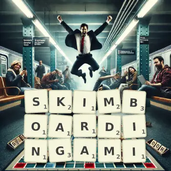 Kreatywna ilustracja do gry w Scrabble ze słowem SKIMBOARDINGAMI ułożonym z płytek na planszy.