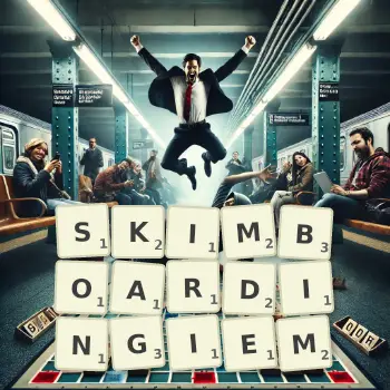 Kreatywna ilustracja do gry w Scrabble ze słowem SKIMBOARDINGIEM ułożonym z płytek na planszy.