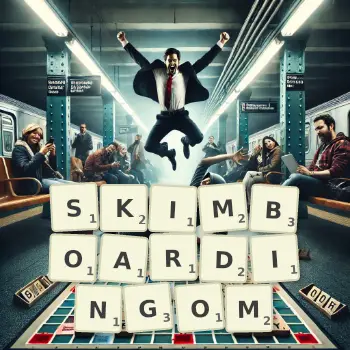 Kreatywna ilustracja do gry w Scrabble ze słowem SKIMBOARDINGOM ułożonym z płytek na planszy.