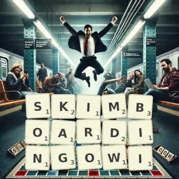 Kreatywna ilustracja do gry w Scrabble ze słowem SKIMBOARDINGOWI ułożonym z płytek na planszy.