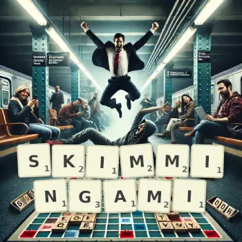 Kreatywna ilustracja do gry w Scrabble ze słowem SKIMMINGAMI ułożonym z płytek na planszy.