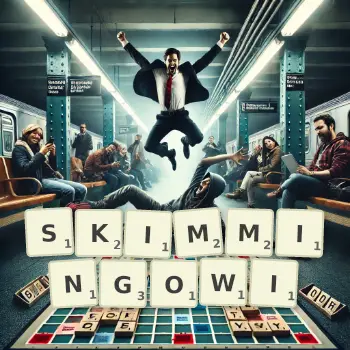 Kreatywna ilustracja do gry w Scrabble ze słowem SKIMMINGOWI ułożonym z płytek na planszy.