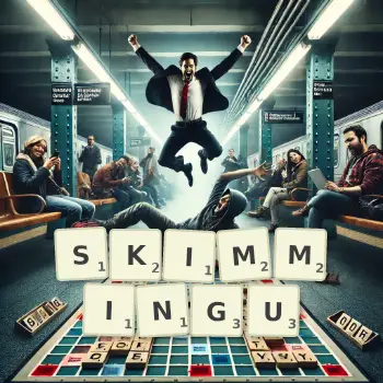 Kreatywna ilustracja do gry w Scrabble ze słowem SKIMMINGU ułożonym z płytek na planszy.