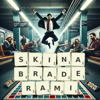 Kreatywna ilustracja do gry w Scrabble ze słowem SKINABRADERAMI ułożonym z płytek na planszy.