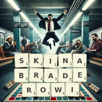 Kreatywna ilustracja do gry w Scrabble ze słowem SKINABRADEROWI ułożonym z płytek na planszy.
