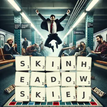 Kreatywna ilustracja do gry w Scrabble ze słowem SKINHEADOWSKIEJ ułożonym z płytek na planszy.