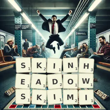 Kreatywna ilustracja do gry w Scrabble ze słowem SKINHEADOWSKIMI ułożonym z płytek na planszy.