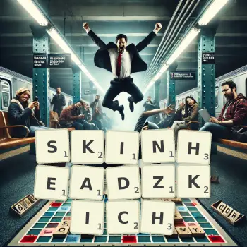 Kreatywna ilustracja do gry w Scrabble ze słowem SKINHEADZKICH ułożonym z płytek na planszy.