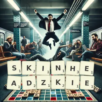 Kreatywna ilustracja do gry w Scrabble ze słowem SKINHEADZKIE ułożonym z płytek na planszy.
