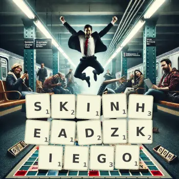 Kreatywna ilustracja do gry w Scrabble ze słowem SKINHEADZKIEGO ułożonym z płytek na planszy.
