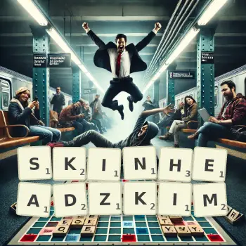 Kreatywna ilustracja do gry w Scrabble ze słowem SKINHEADZKIM ułożonym z płytek na planszy.