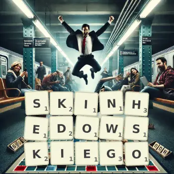 Kreatywna ilustracja do gry w Scrabble ze słowem SKINHEDOWSKIEGO ułożonym z płytek na planszy.