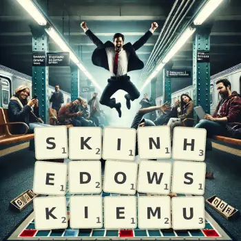 Kreatywna ilustracja do gry w Scrabble ze słowem SKINHEDOWSKIEMU ułożonym z płytek na planszy.