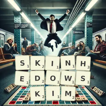 Kreatywna ilustracja do gry w Scrabble ze słowem SKINHEDOWSKIM ułożonym z płytek na planszy.