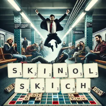 Kreatywna ilustracja do gry w Scrabble ze słowem SKINOLSKICH ułożonym z płytek na planszy.