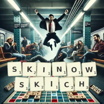 Kreatywna ilustracja do gry w Scrabble ze słowem SKINOWSKICH ułożonym z płytek na planszy.