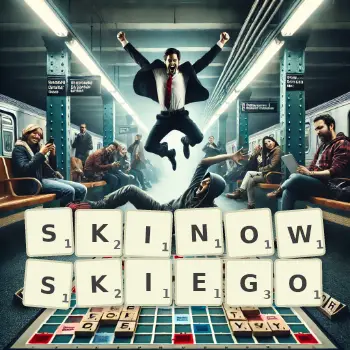 Kreatywna ilustracja do gry w Scrabble ze słowem SKINOWSKIEGO ułożonym z płytek na planszy.