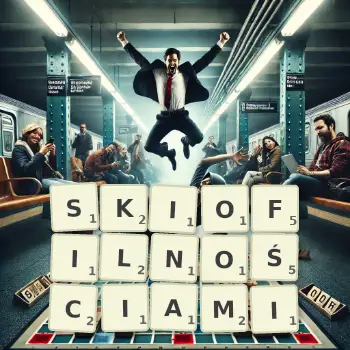 Kreatywna ilustracja do gry w Scrabble ze słowem SKIOFILNOŚCIAMI ułożonym z płytek na planszy.