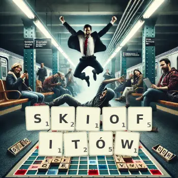 Kreatywna ilustracja do gry w Scrabble ze słowem SKIOFITÓW ułożonym z płytek na planszy.