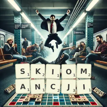 Kreatywna ilustracja do gry w Scrabble ze słowem SKIOMANCJI ułożonym z płytek na planszy.