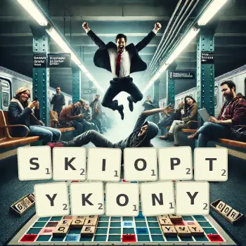 Kreatywna ilustracja do gry w Scrabble ze słowem SKIOPTYKONY ułożonym z płytek na planszy.