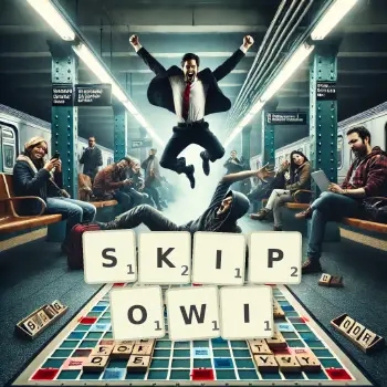 Kreatywna ilustracja do gry w Scrabble ze słowem SKIPOWI ułożonym z płytek na planszy.