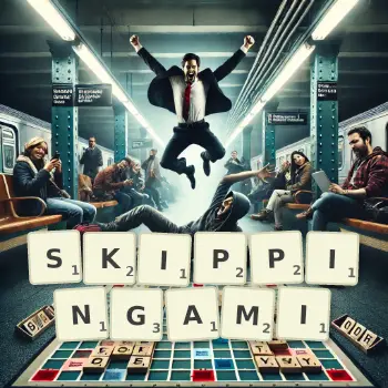 Kreatywna ilustracja do gry w Scrabble ze słowem SKIPPINGAMI ułożonym z płytek na planszy.